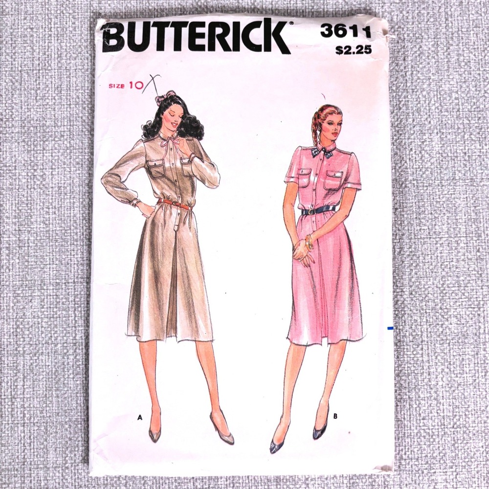 Butterick 3611 Safari Chic Button-Up Shirt Dress Sz 10 Preppie Classic Vtg 70s